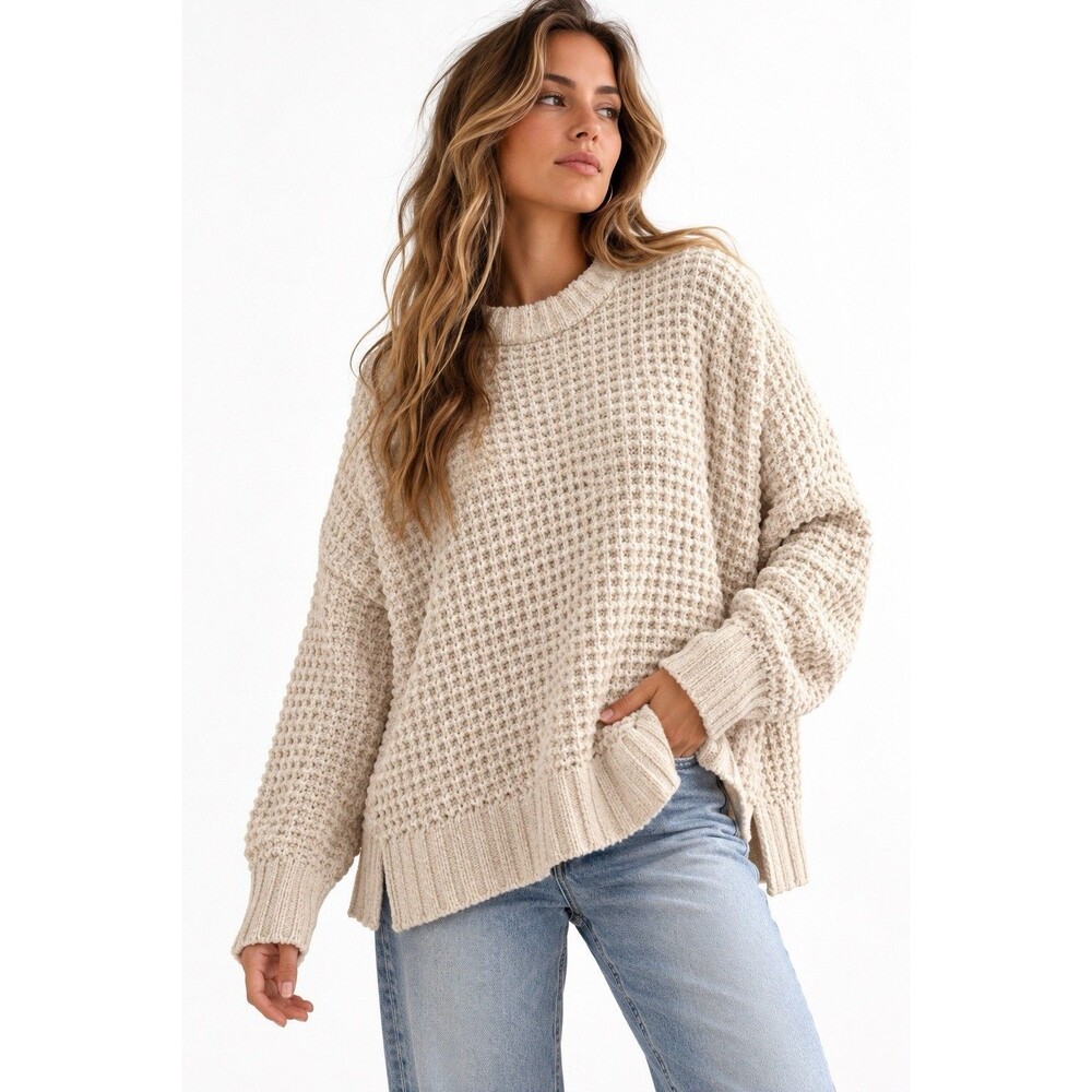 Beach Riot Callie Sweater S/M Cream Waffle Knit Chenille Oversized Pullover